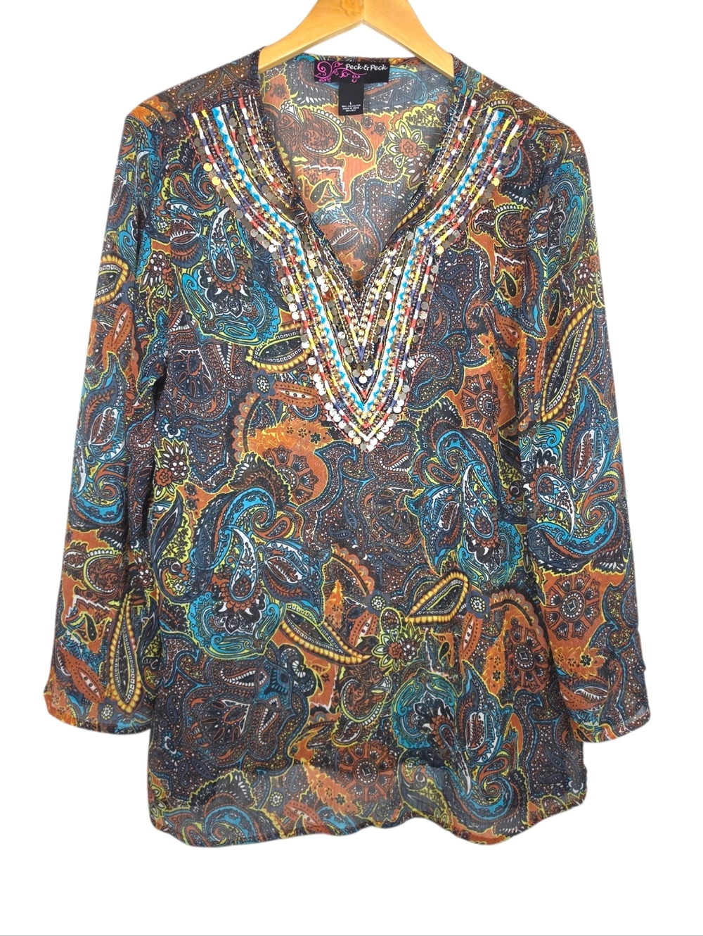 Peck & Peck Embroidered Sequins Sheer Chiffon Blouse Sz L Paisley Boho V Neck